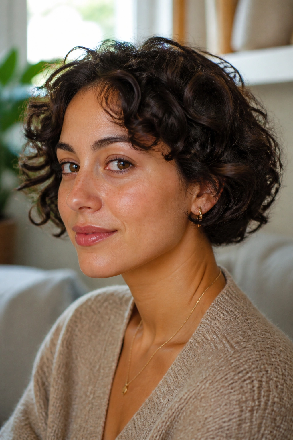 Close-up of a real person with ear-length curls framing ears