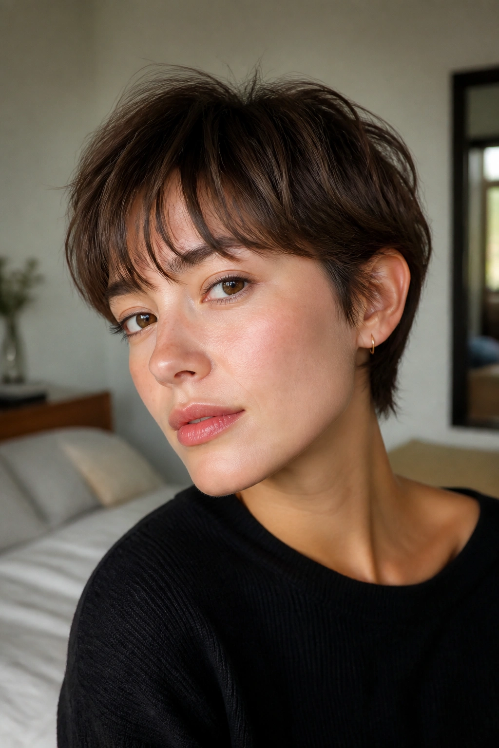 Real woman with ear-length crop and wispy bangs in natural window light.