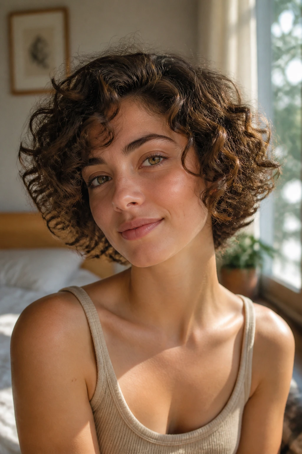 Close-up of a real woman with ear-length halo crop on loose curls.