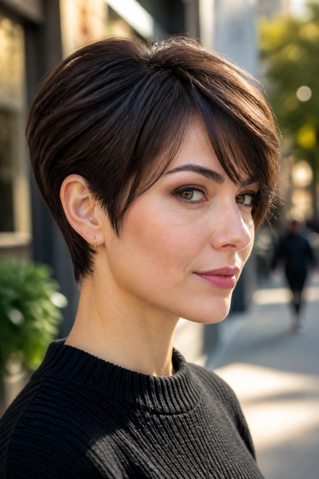 Portrait of a real woman with an ear-length pixie bob, ears partially visible
