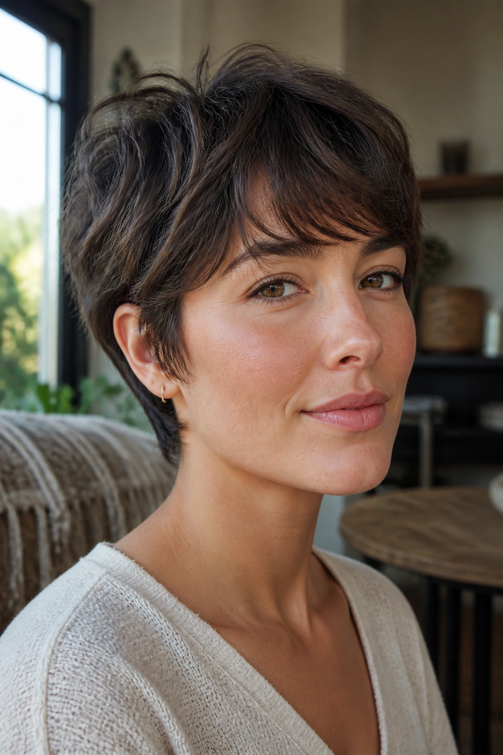 Close-up of real woman with ear-length grown-out pixie shag and soft movement around ears.
