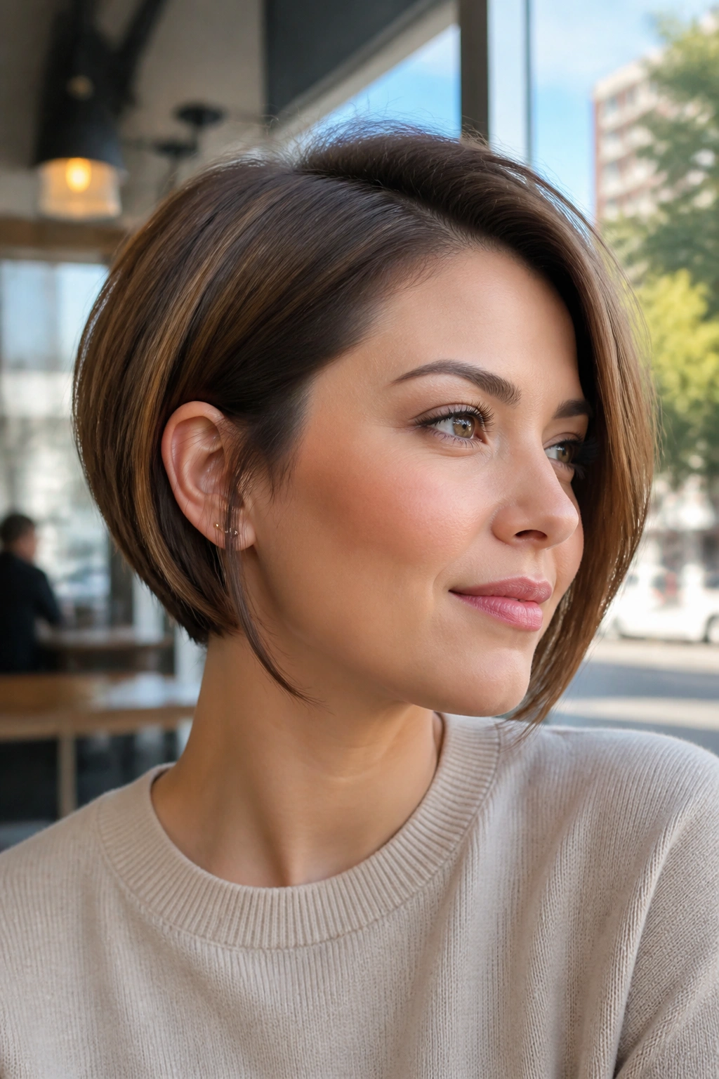 Portrait of a real woman with ear-length stacked bob and clean angles.