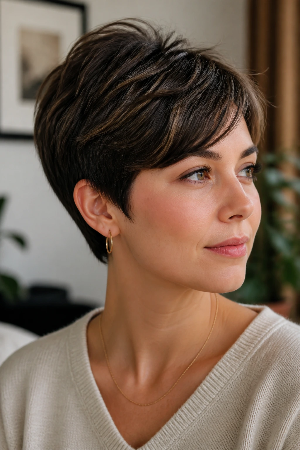 Close-up of a real woman with ear-length tapered pixie in a warm indoor setting