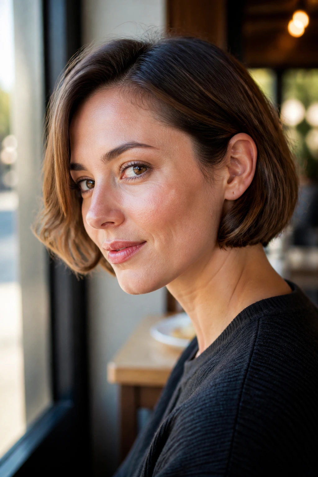 Close-up portrait of a real woman with an ear-length tucked bob tucked behind the ear