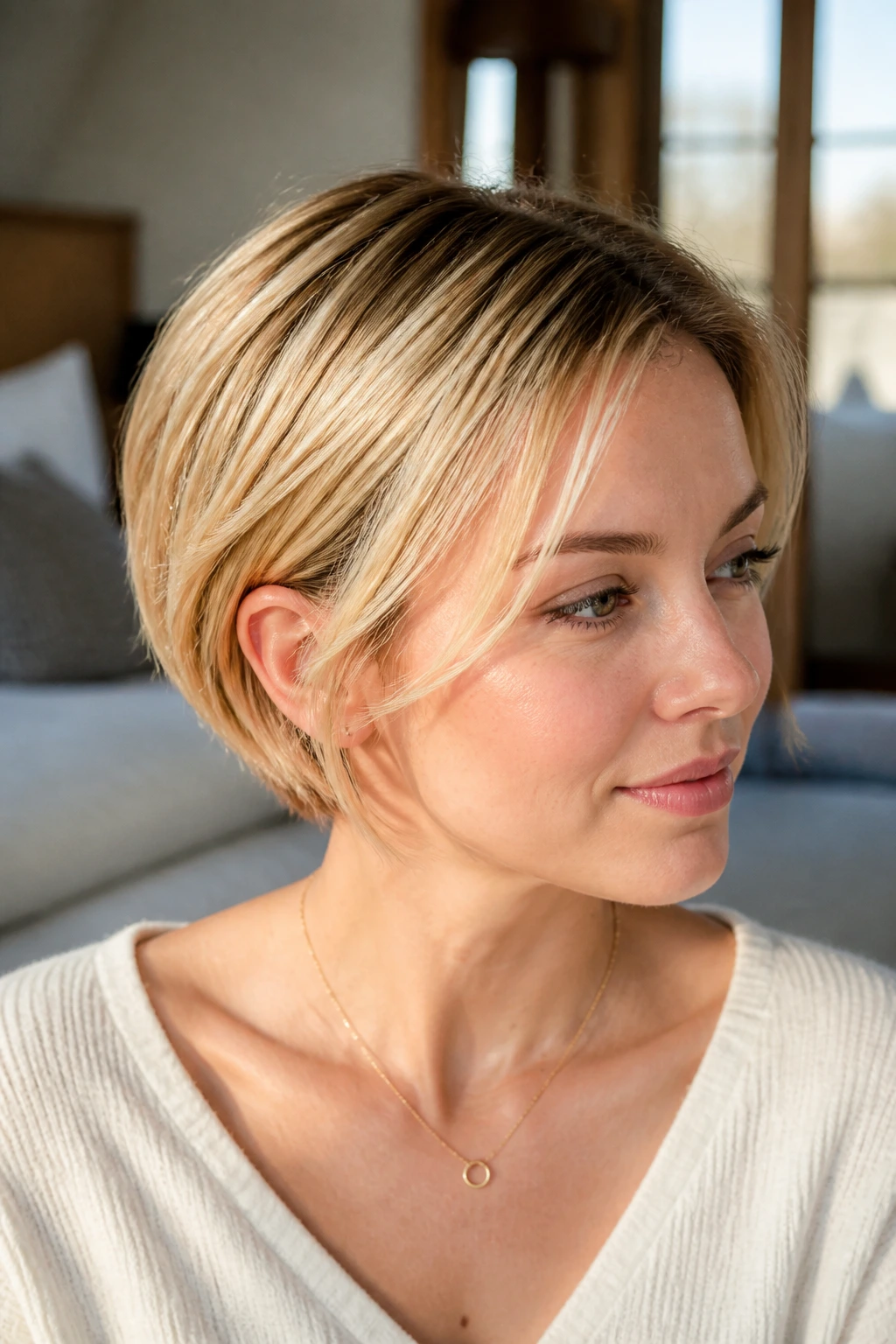Close-up of a woman with an ear-skimming graduated bob in warm gold.