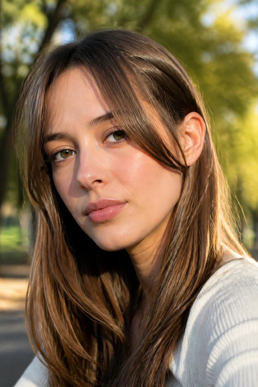 Close-up portrait of a real person with ear-tuck bangs outdoors in a park setting.