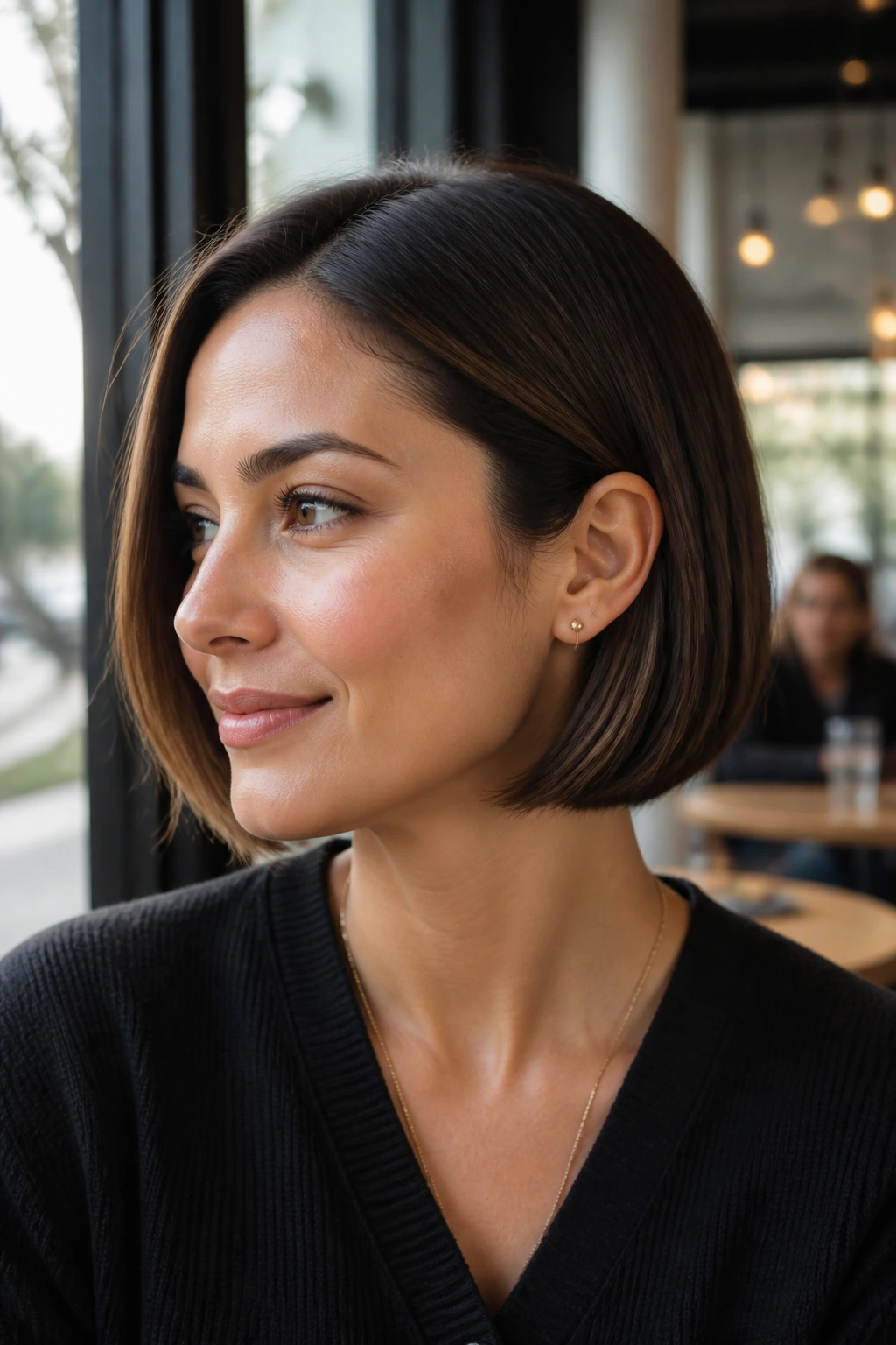 Portrait of real woman with ear-tuck bob tucked behind the ear in natural light