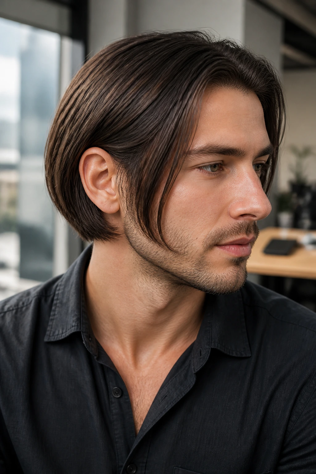 Close-up portrait of a man with Ear-Tuck Inverted Bob tucked behind the ear.