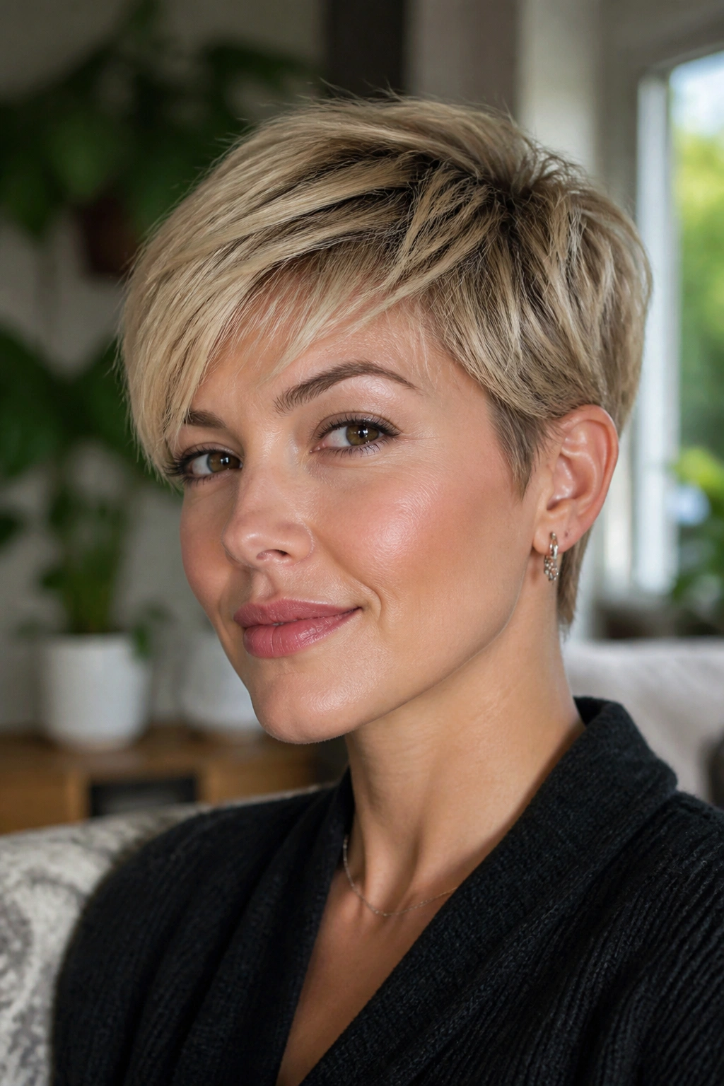Portrait of real woman with ear-tuck pixie tucked behind ear