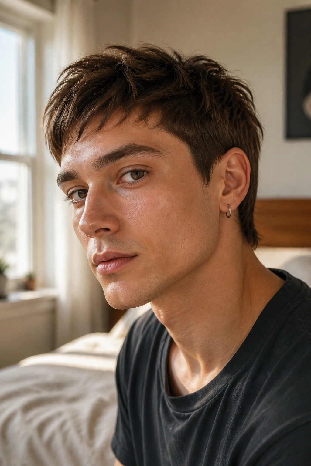 Close-up portrait of a man with Ear-Tuck Pixie hairstyle tucked behind the ear