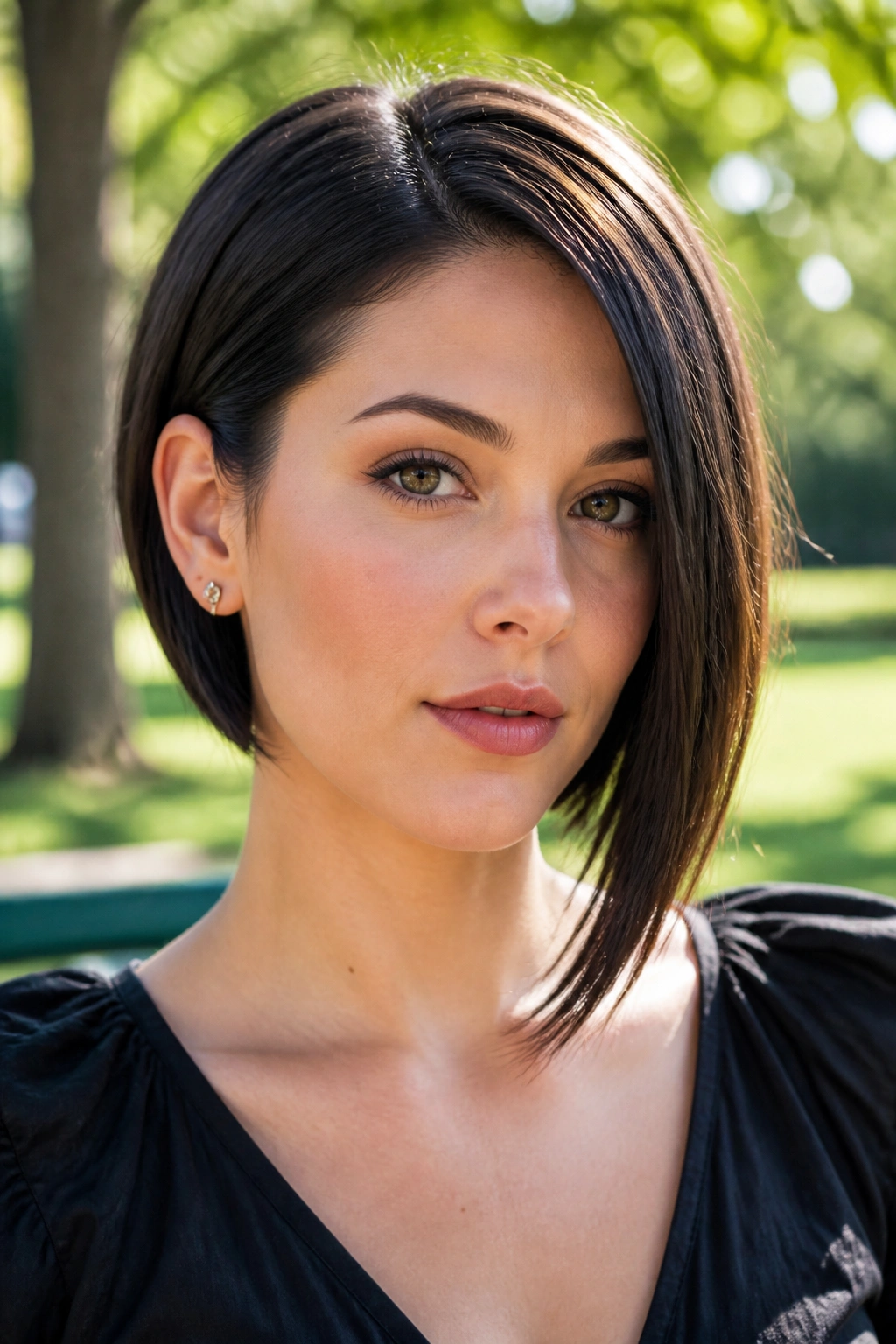 Close-up of a real woman with an ear-tucked asymmetrical bob in a park setting.