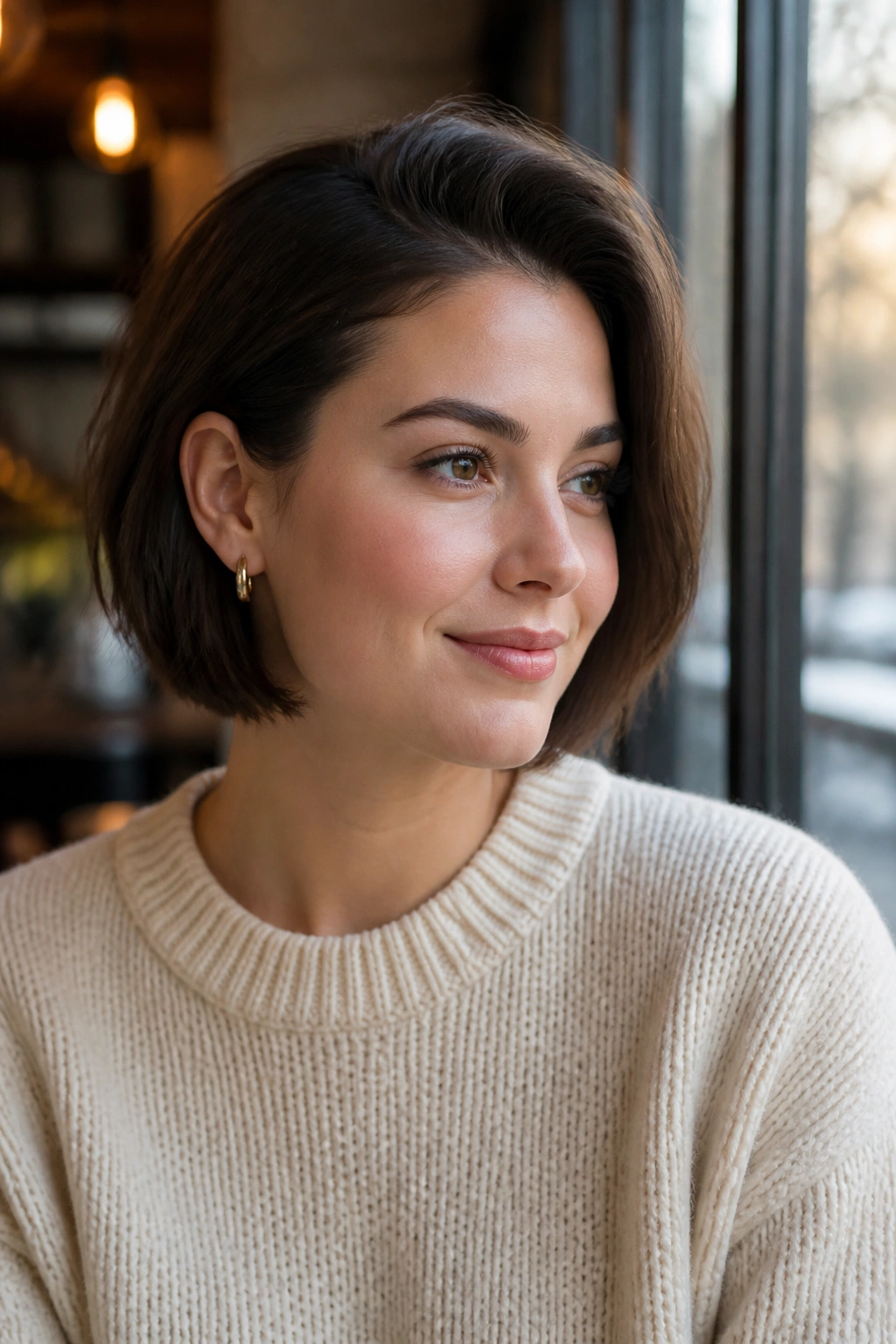 Head-and-shoulders portrait of a real woman with an ear-tucked bob and crown lift