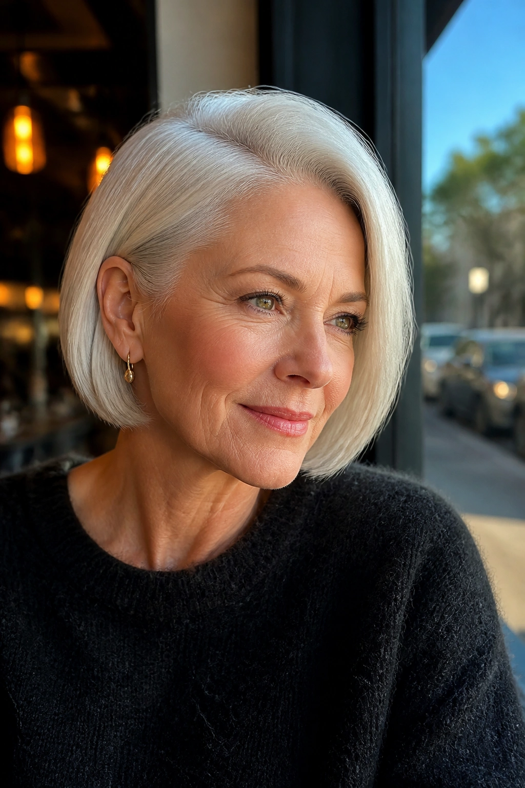 Close-up of a real woman with a deep side part and ear tucked in a sleek white bob