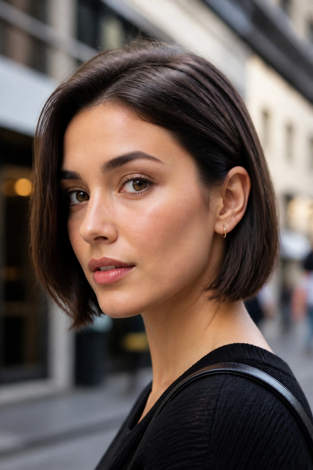 Close-up of a woman with an Ear-Tucked Bob behind the ear on an urban street