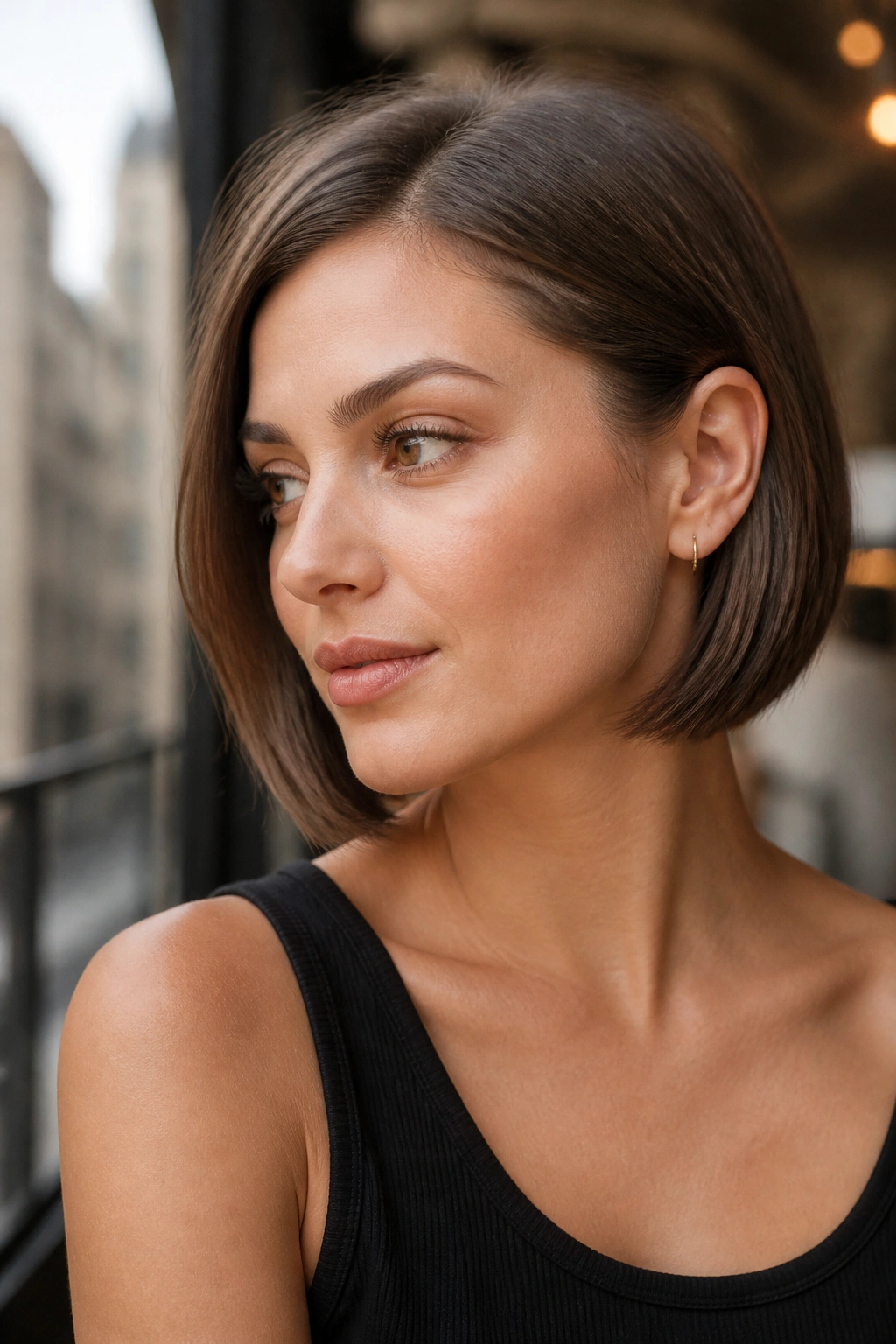 Portrait of a real woman with an ear-tucked bob showing cheekbone and clean sides