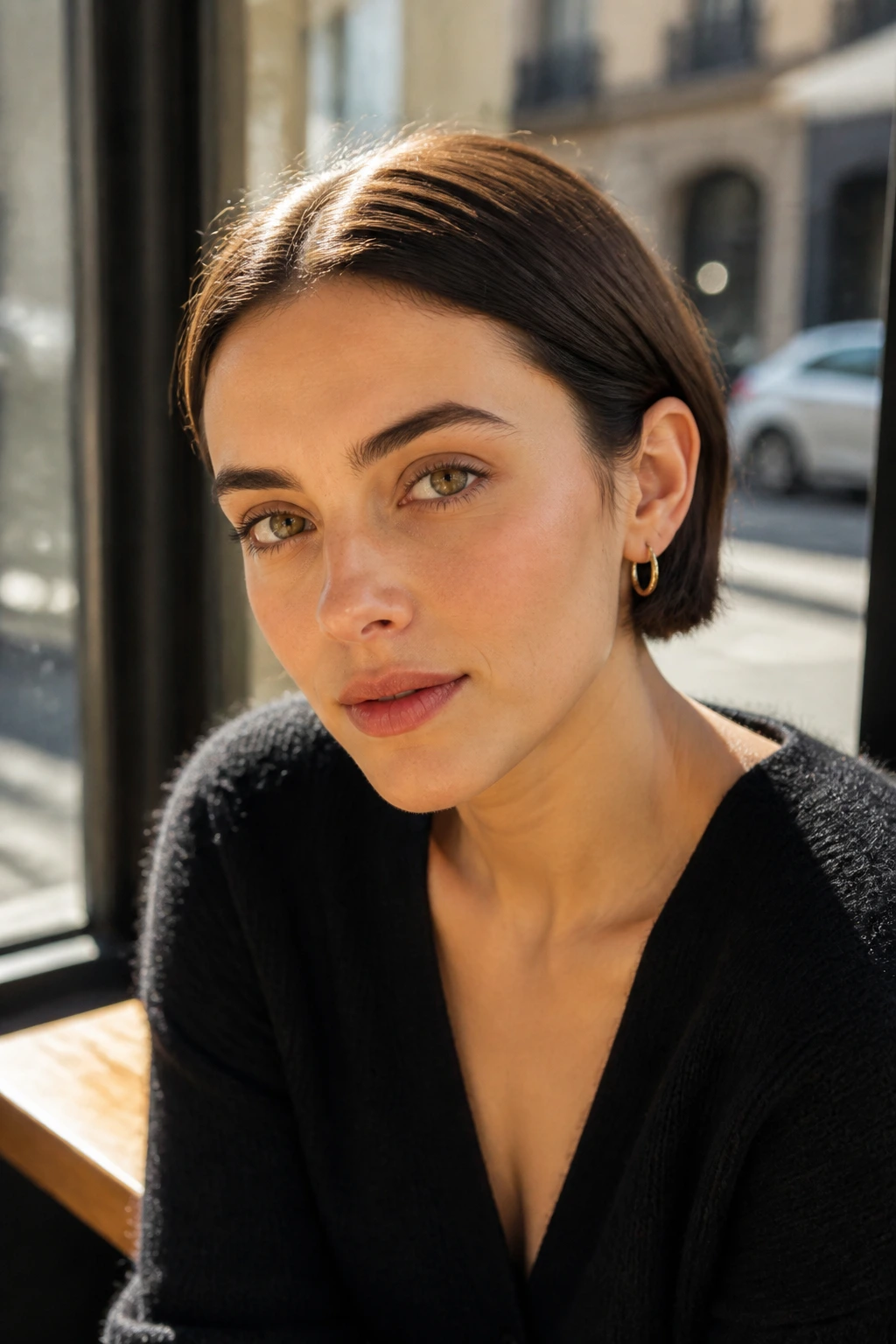 Close-up portrait of a real woman with ears tucked behind the ears in a French bob