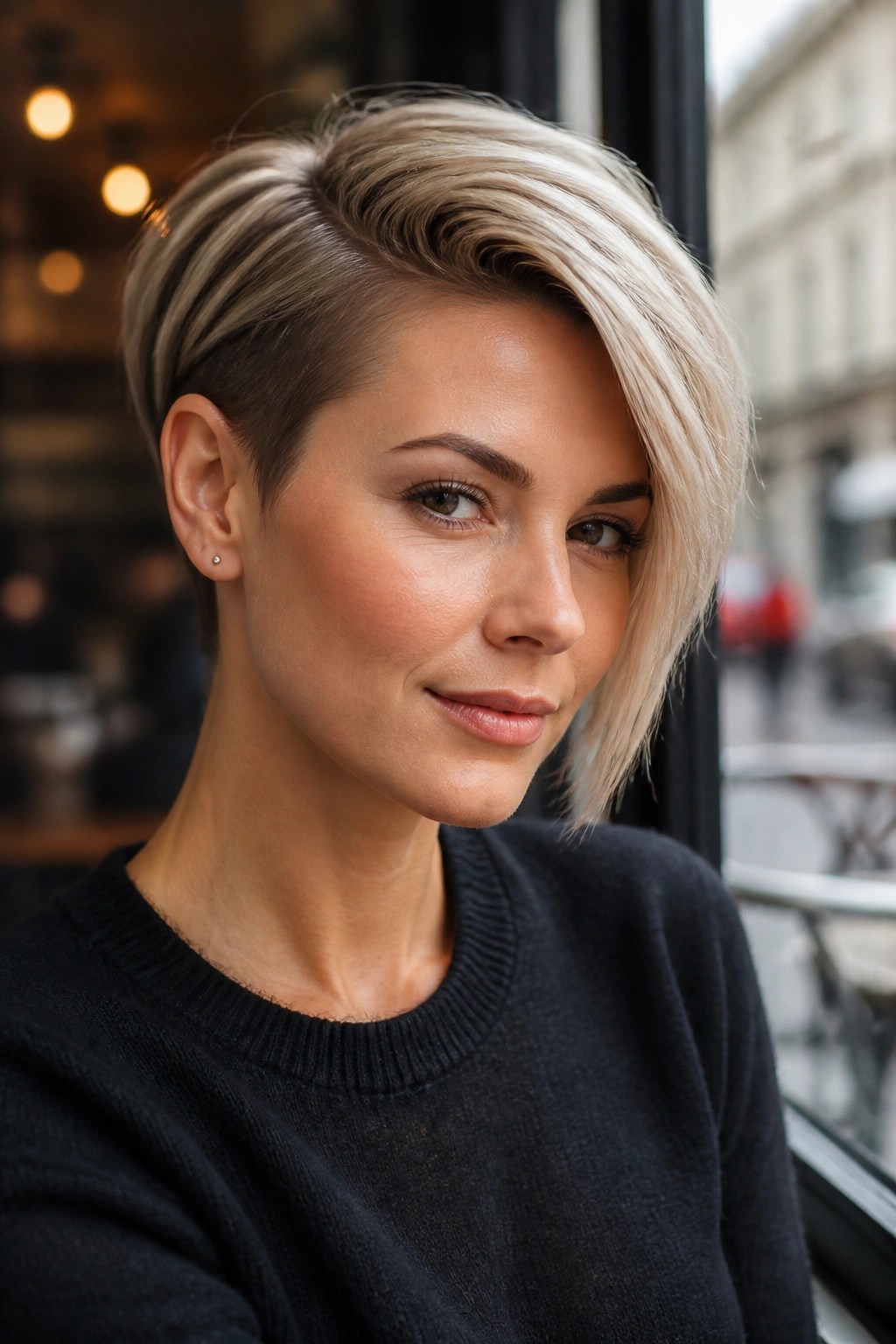 Close-up portrait of a real woman showing ear-tucked asymmetrical pixie with a clean side sweep.