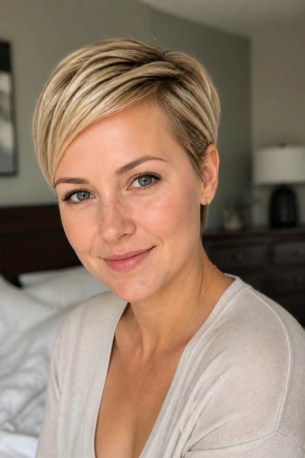 Close-up of a real woman with an ear-tucked blonde pixie, hair tucked behind the ears to reveal a clean jawline.