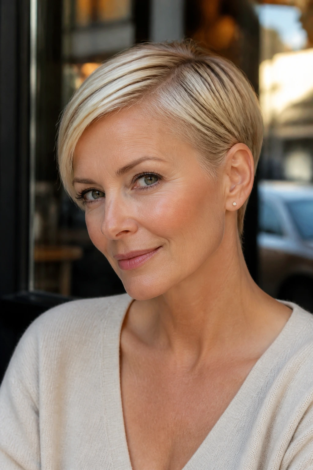 Portrait of a real woman with ear-tucked sleek blonde pixie