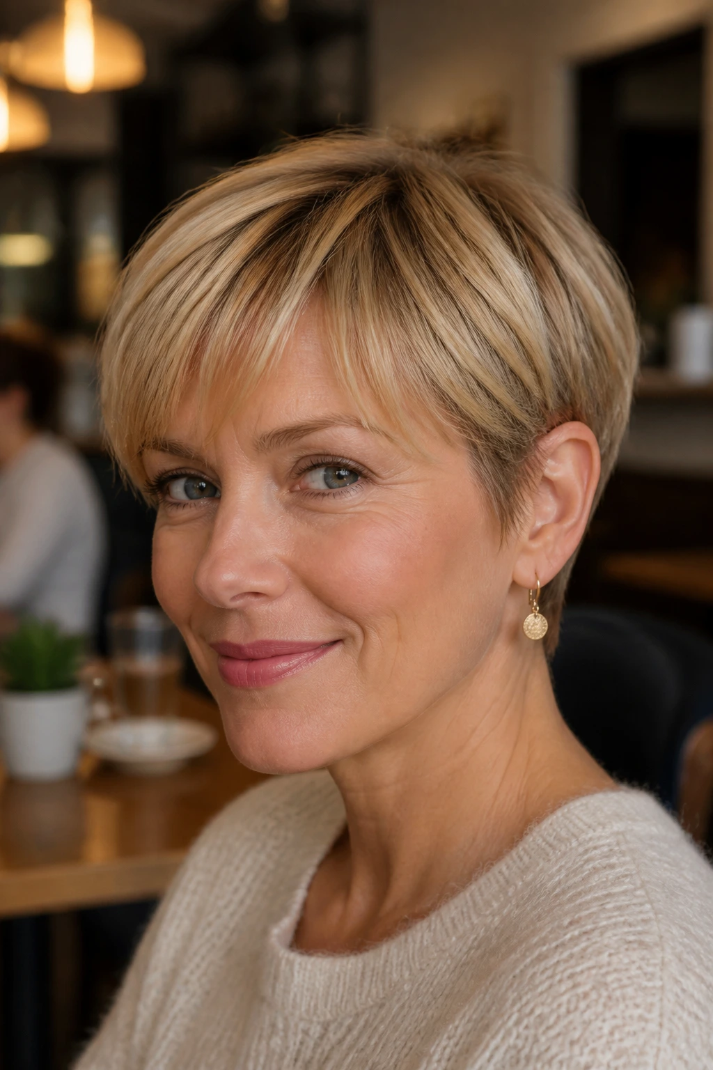 Close-up of a real woman with ear-tucked pixie and soft fringe in a warm cafe setting