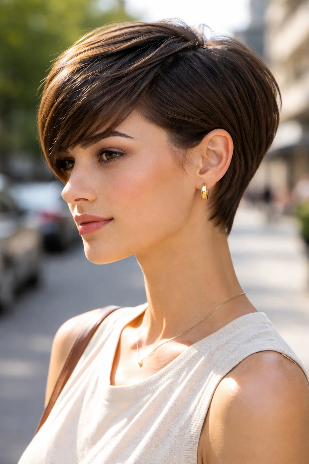 Portrait of a woman with ear-tucked fringe pixie showing clean line around the face.