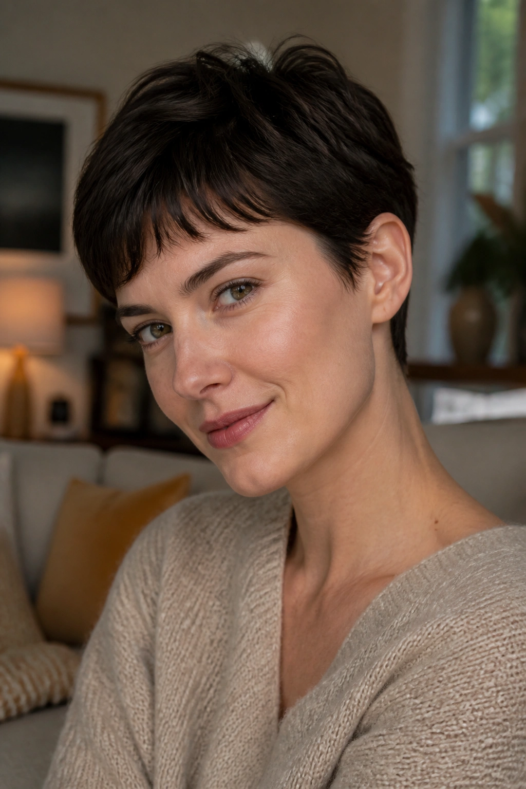 Close-up of a real woman with an ear-tucked gamine pixie.