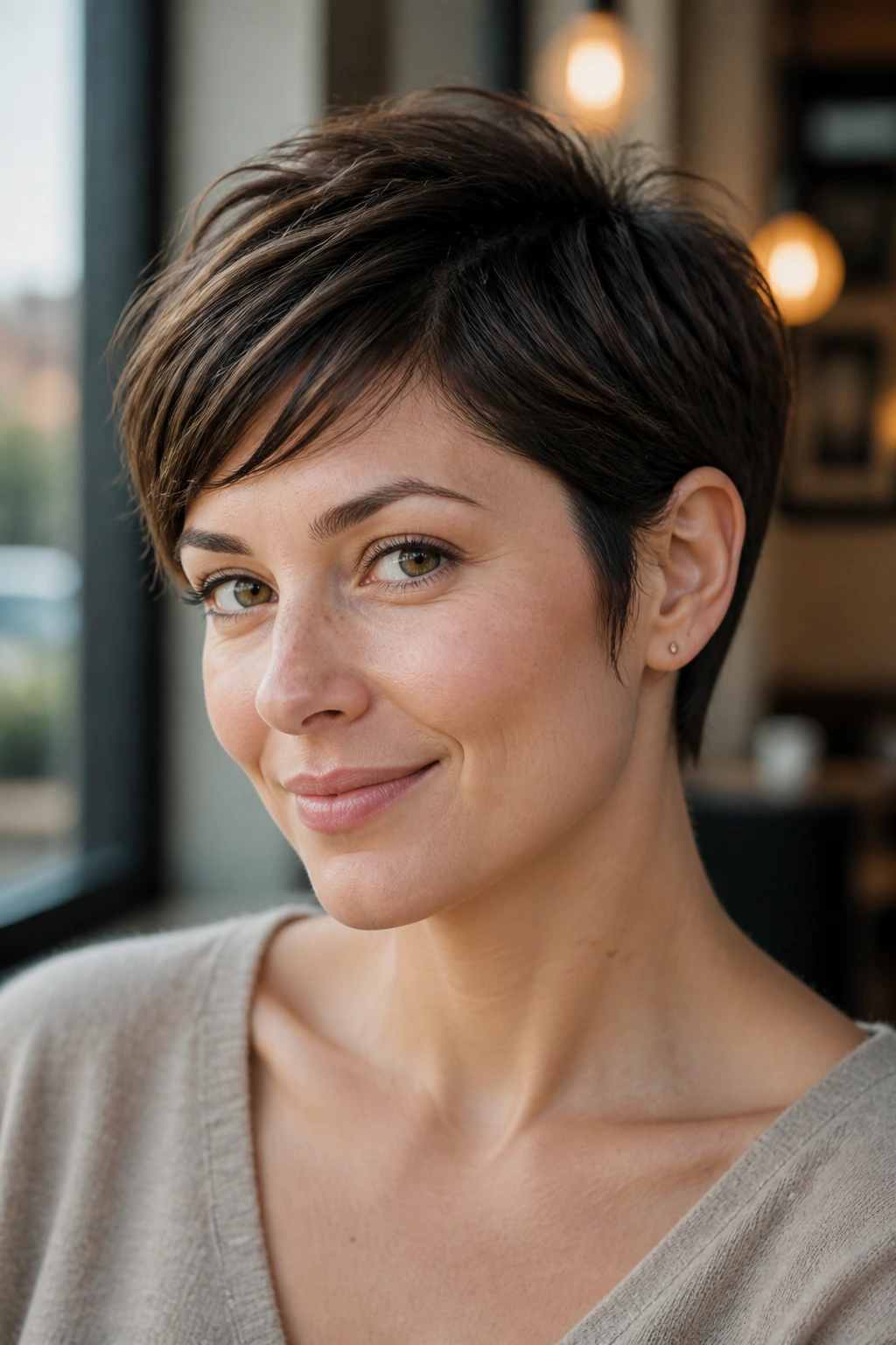 Close-up portrait of a real woman with Ear-Tucked Pixie and long sideburns