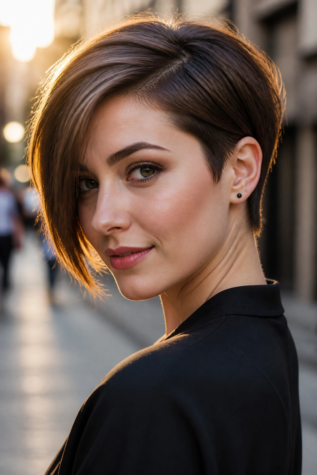 Close-up of a real woman with an ear-tucked pixie and a long front corner.
