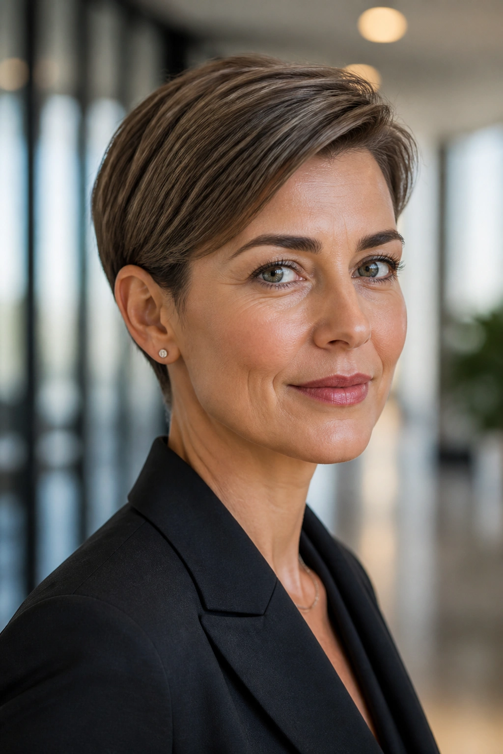 Portrait of a woman with an ear-tucked polished pixie