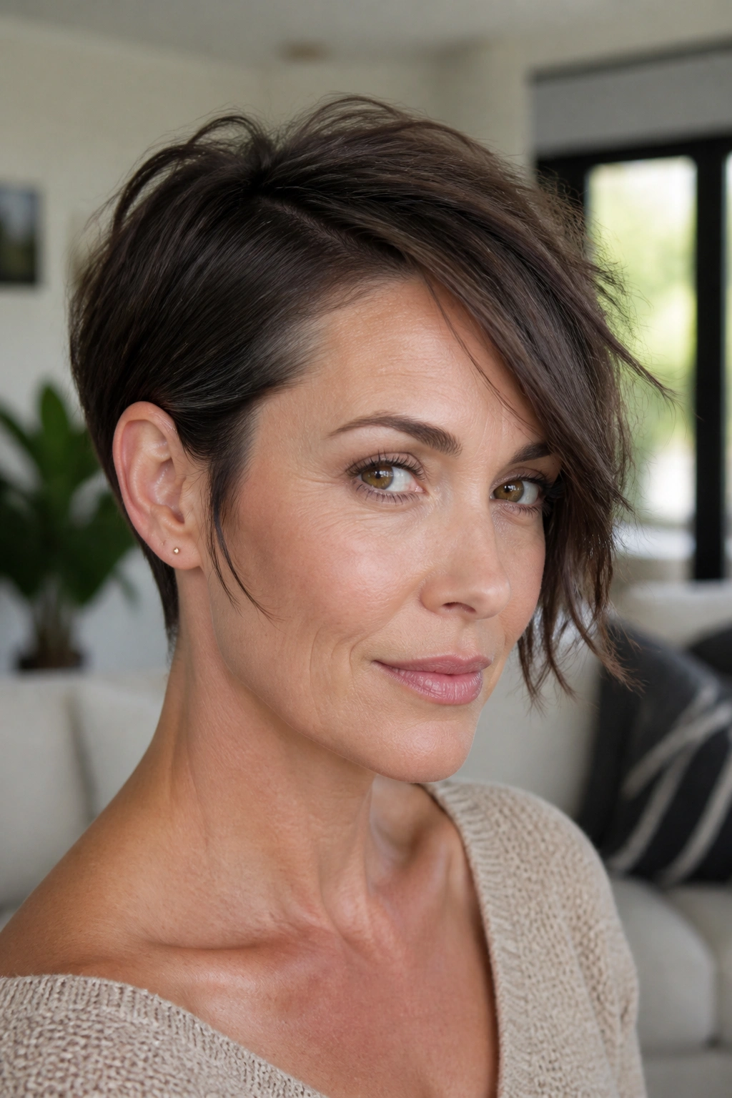 Close-up of a real person with an ear-tucked pixie hairstyle
