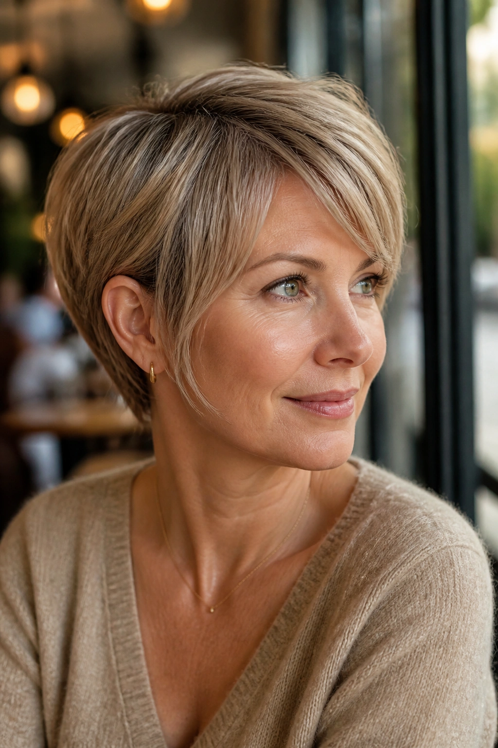 Close-up portrait of a real woman with ear-tucked pixie and longer temple pieces.