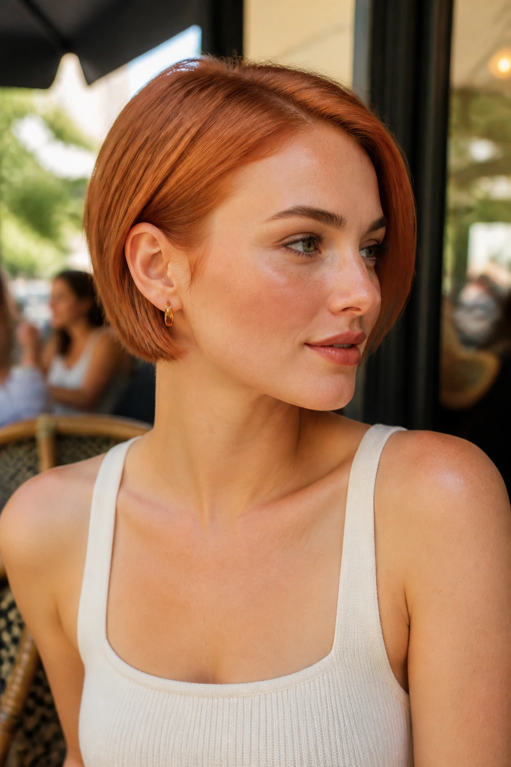 Close-up of a real woman with ear-tucked strawberry bob and clean lines