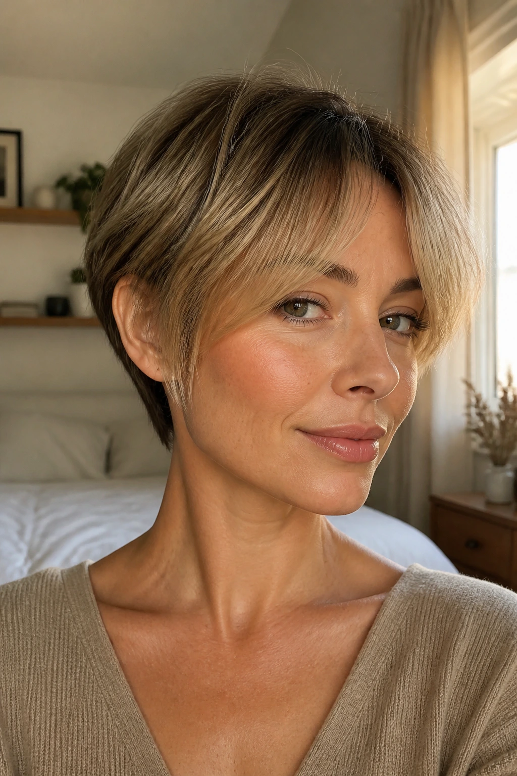 Close-up of a real woman with ear-grazing fringe and curtain fringe in warm window light