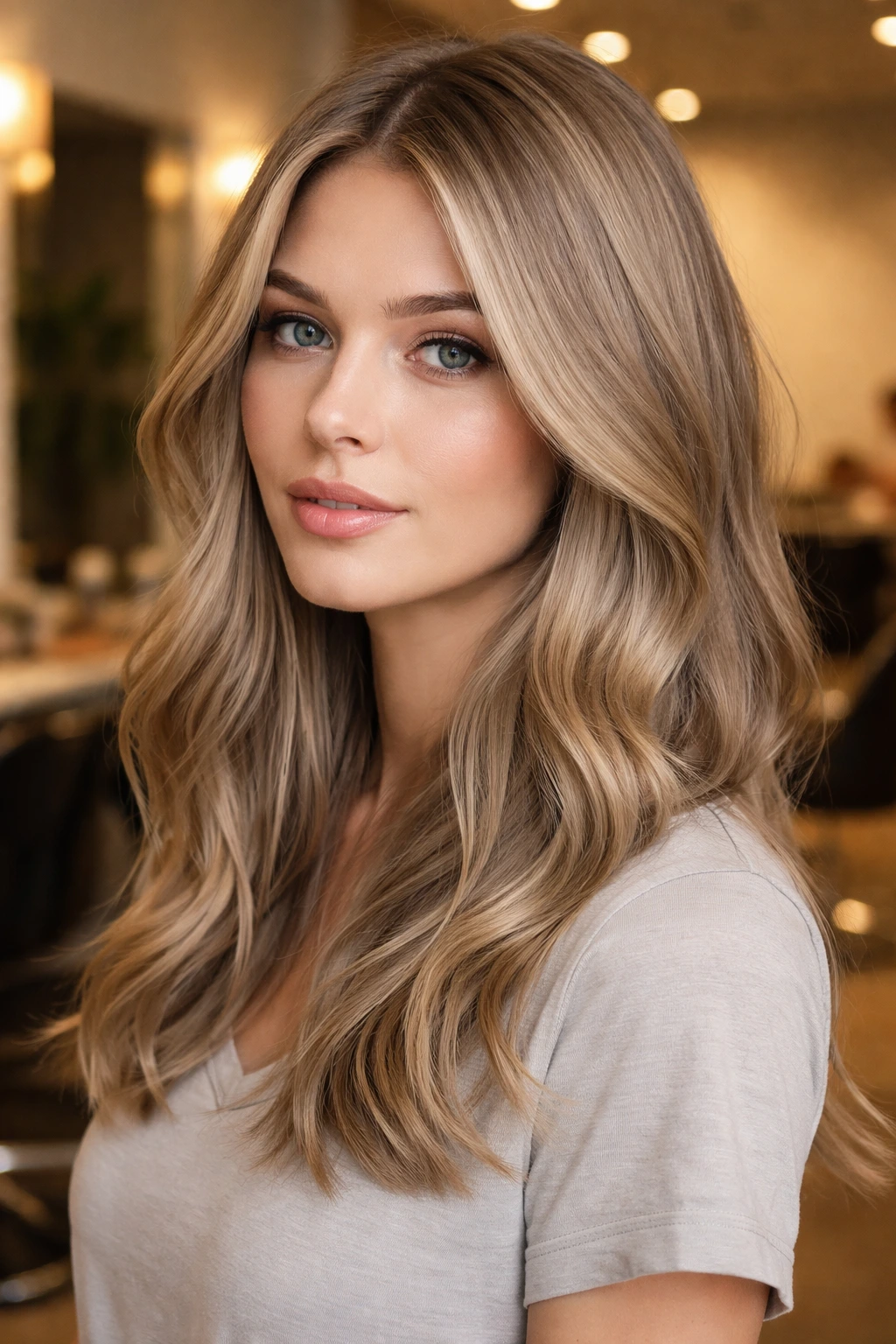 Close-up portrait of a real person with earthy beige-toned hair neutralizing brassiness.