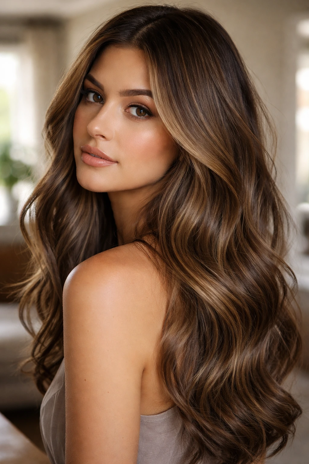 Close-up of muted earthy caramel tones on ash-brown hair in natural light