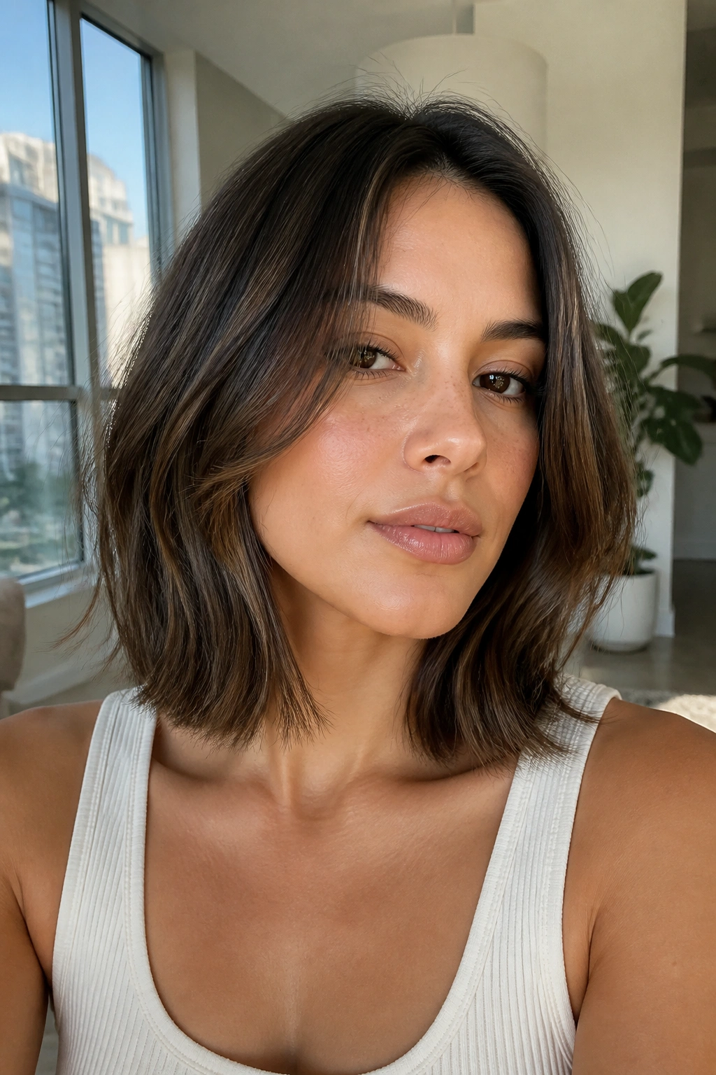 Close-up of a real woman with an easy grow-out lob at collarbone length.