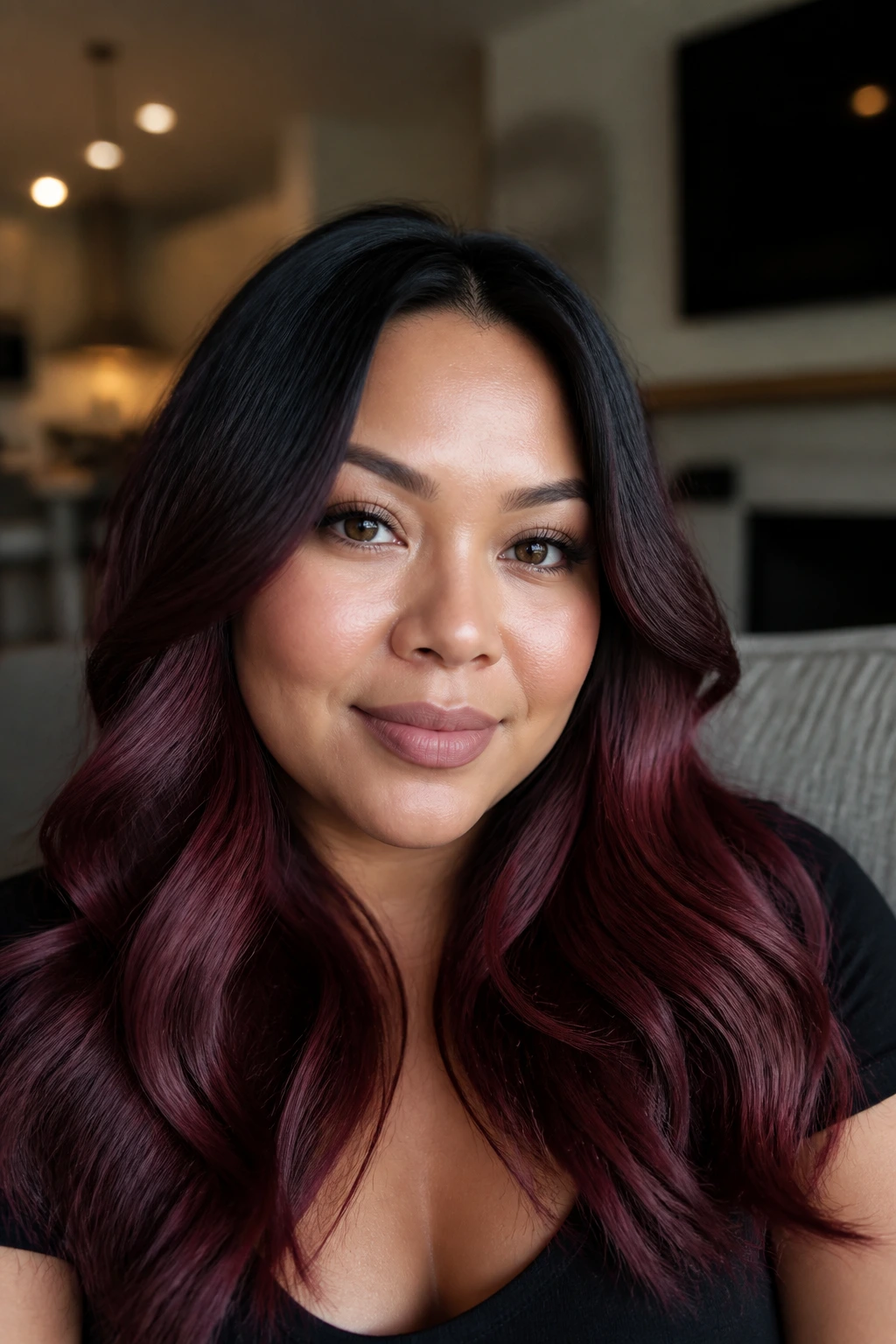 Close-up portrait of a woman with ebony-black to rosewood melt hair and soft waves.