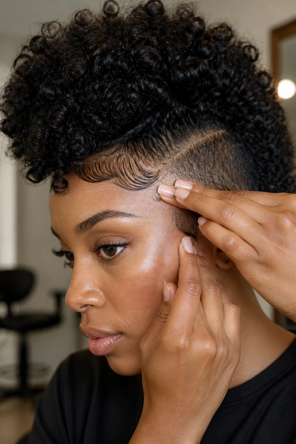 Close-up of a Black woman's Mohawk hairline and edges with moisture and smoothing