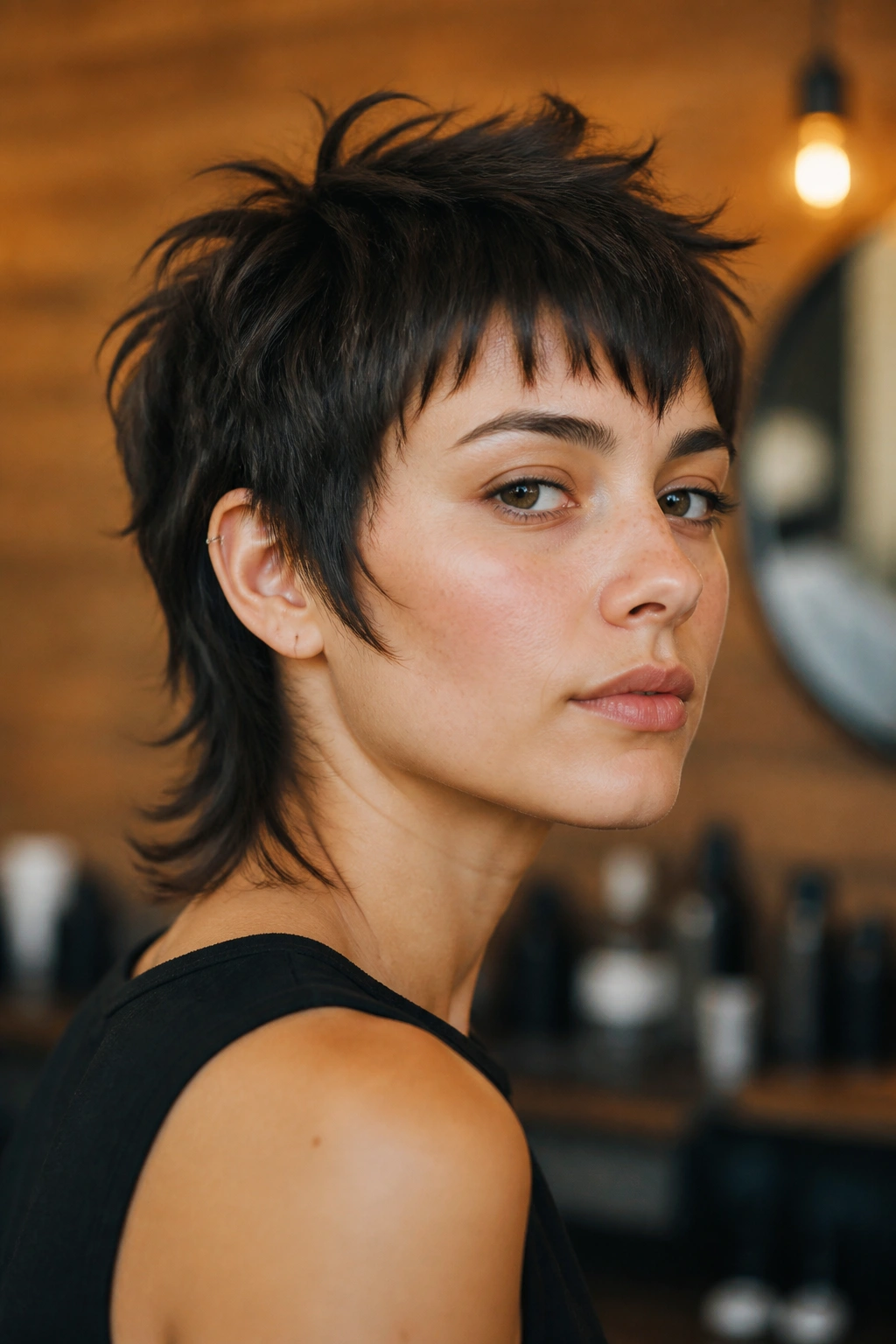 Close-up portrait of a real person with an edgy mullet-inspired pixie, showing a short top and longer back for volume