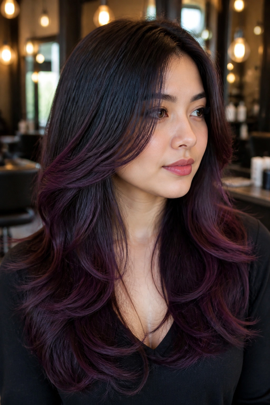 Portrait of a person with smoky eggplant balayage on long layered hair