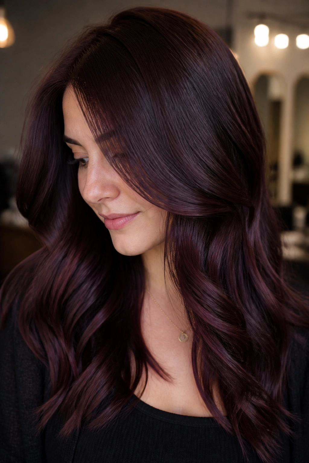 Close-up of a real person with deep eggplant brown gloss hair in a salon setting.