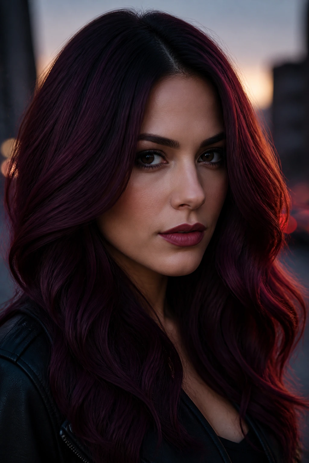 Close-up of a real woman with Eggplant Burgundy Shadow Root under dusk lighting