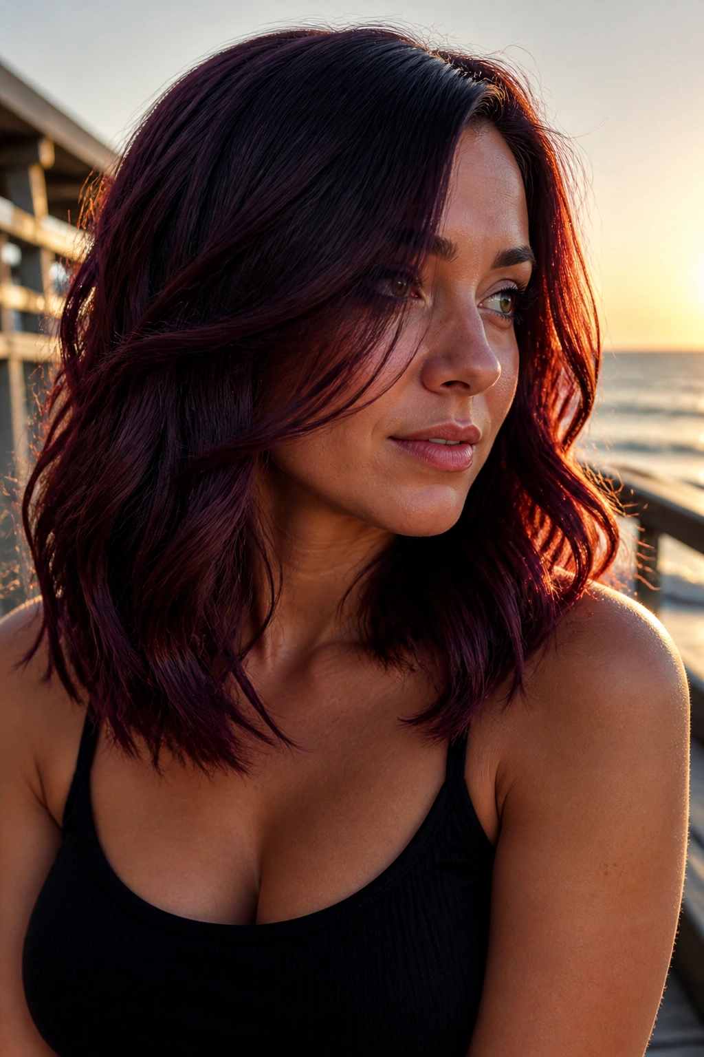 Portrait of a real woman with eggplant burgundy waves in natural golden hour light.
