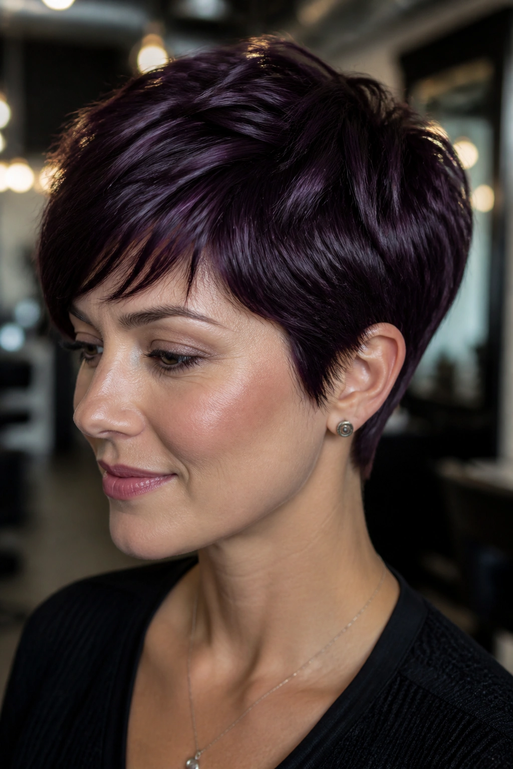 Close-up of short pixie cut in eggplant gloss violet