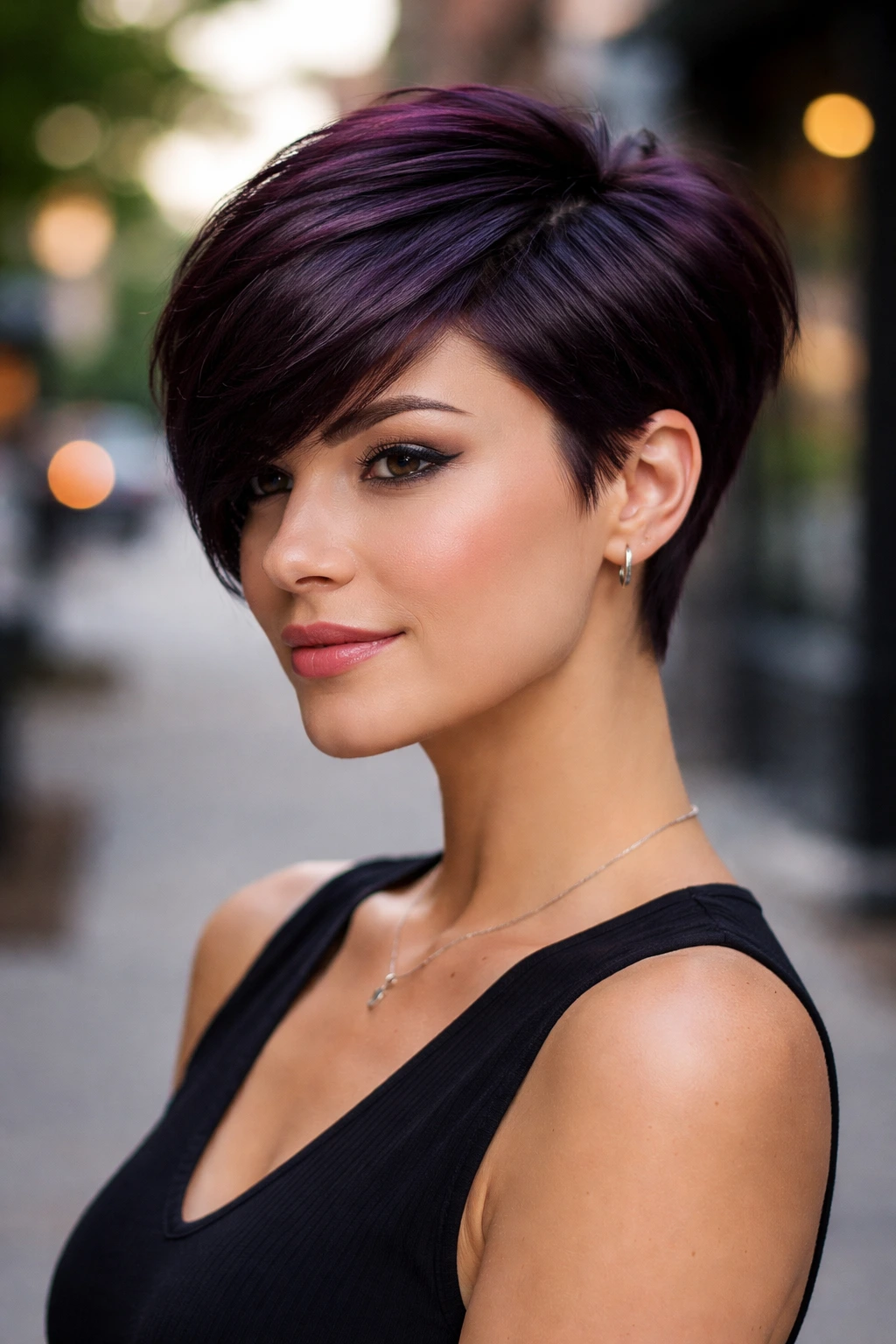 Close-up portrait of a real person with eggplant gloss on a pixie cut