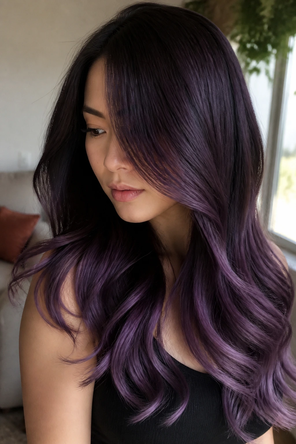 Close-up of a real woman with deep eggplant hair and soft violet ribbons at the ends