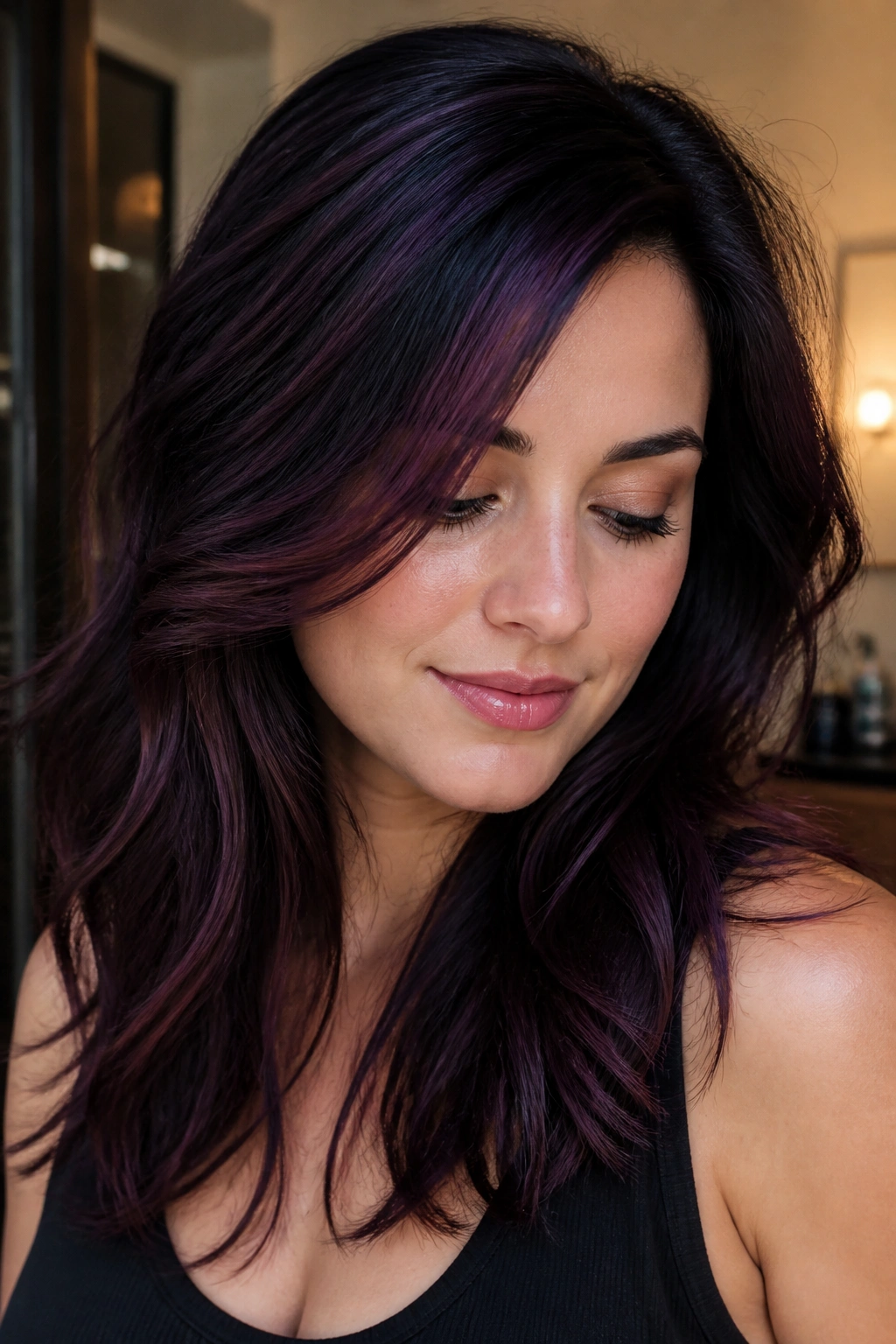 Close-up of real person with deep eggplant lowlights adding depth around the face