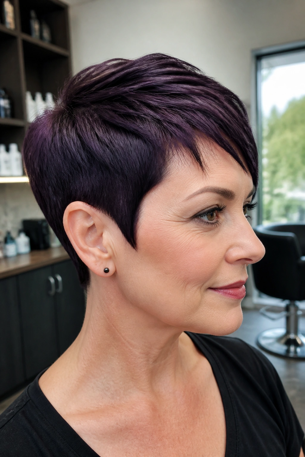 Real person with eggplant pixie and sleek sides in a modern salon setting