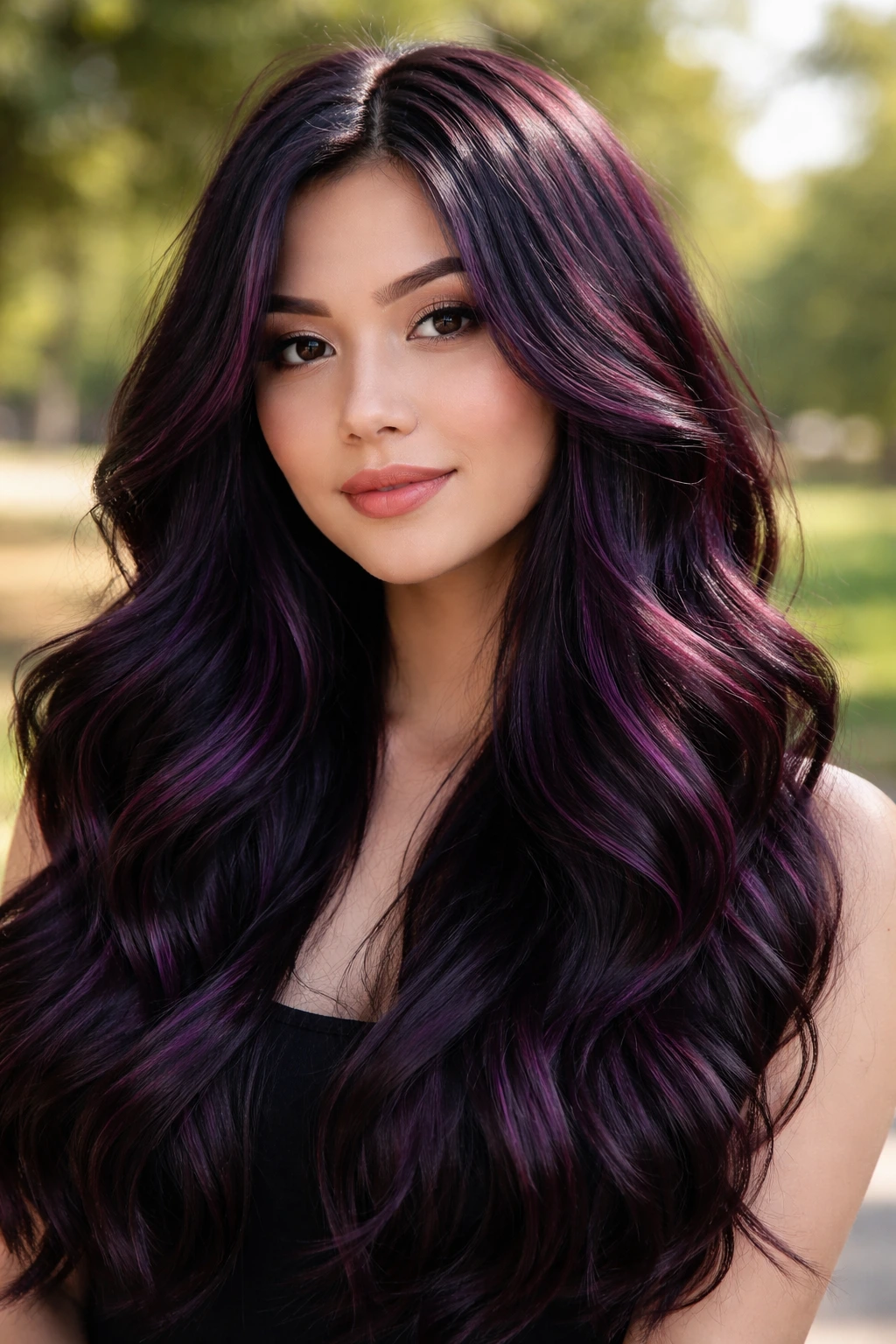 Close-up portrait of a real person with deep eggplant ribbon highlights