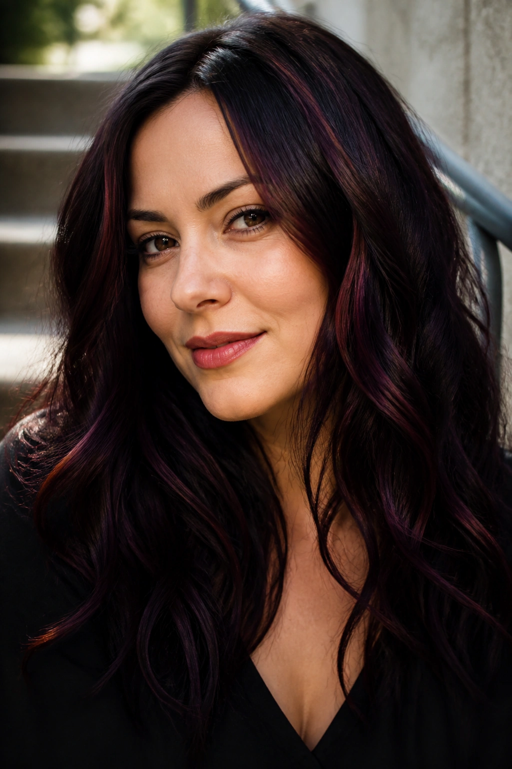 Real woman with black cherry hair and eggplant ribbons woven through strands.